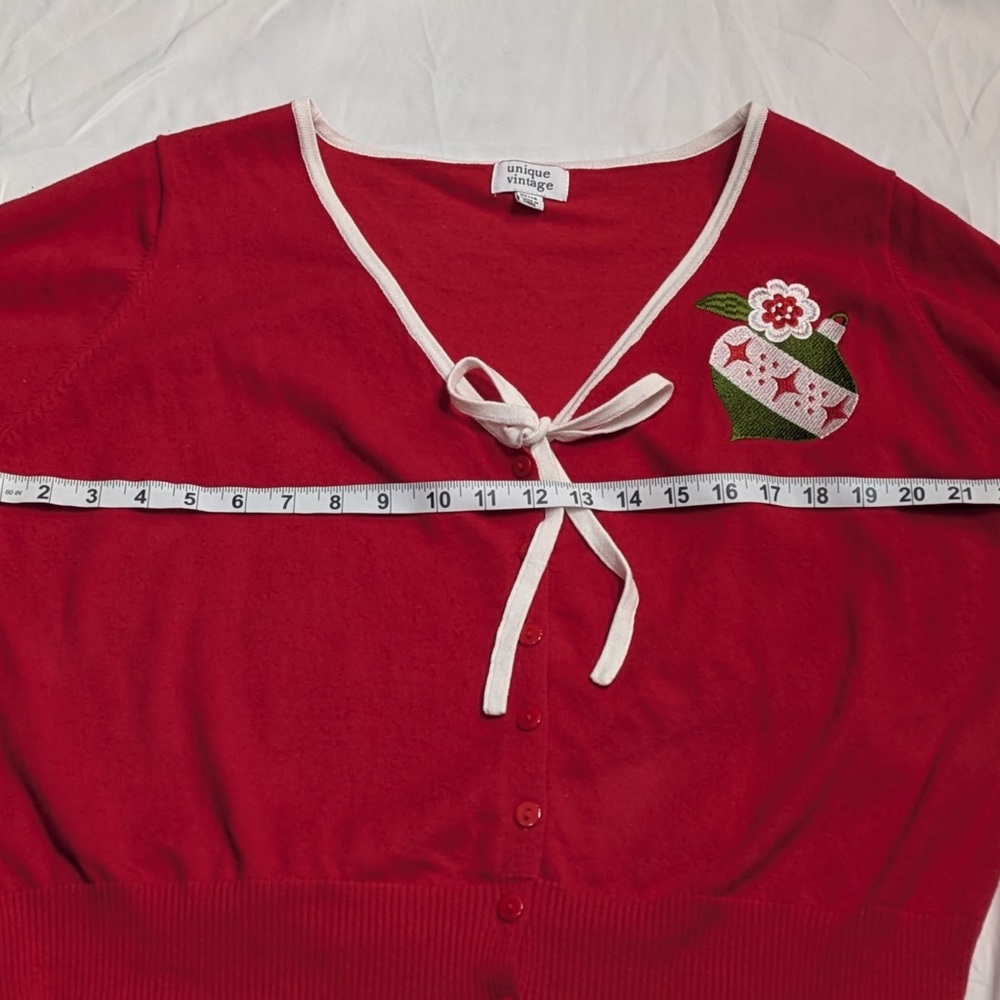 Unique Vintage Red & Ornament Accent Dandy Cardigan - Picture 4 of 5